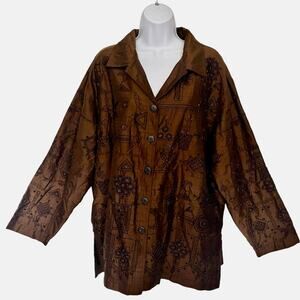 Vtg Chico's Silk Beaded Womens Jacket Sz 16 Boho Artsy Witchy Lagenlook Olive 90